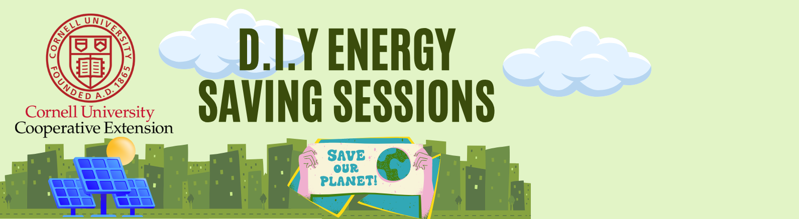 Cornell Cooperative Extension logo and cityscape clipart, hands holding Save our planet sign
